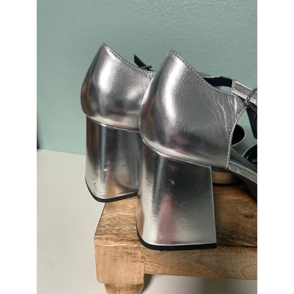 Silver Block Heel Mary Jane Shoes - Picture 5 of 11